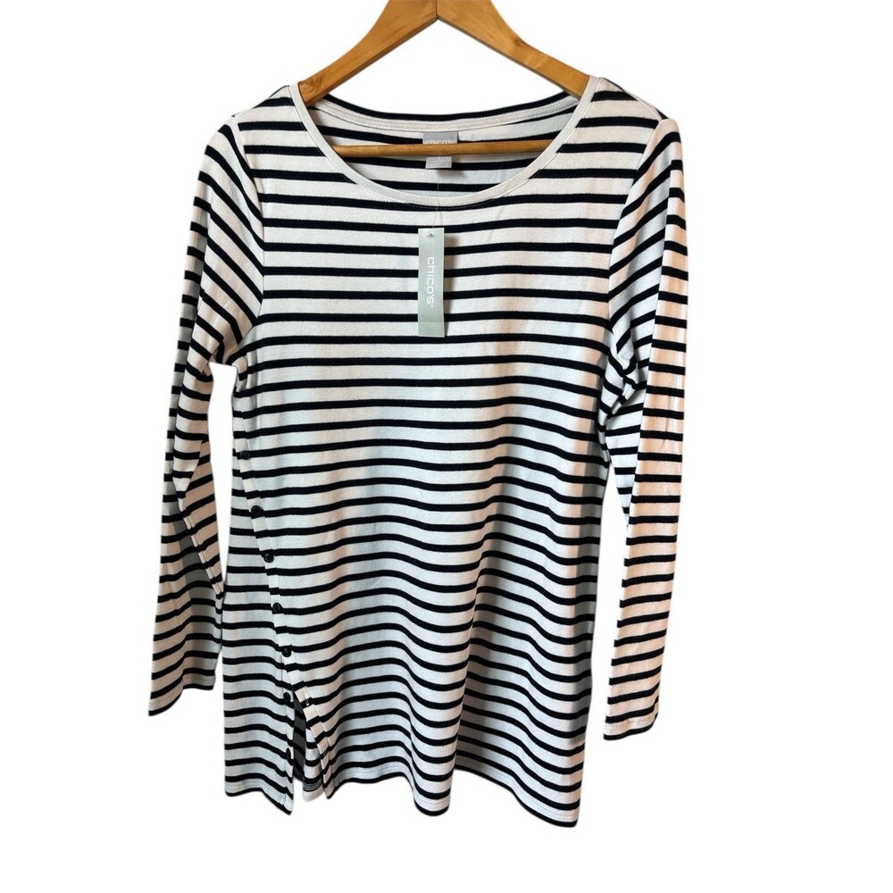 NWT Chico's Striped Navy White Tunic Long Sleeve Tee Med Coastal Grandma Classic